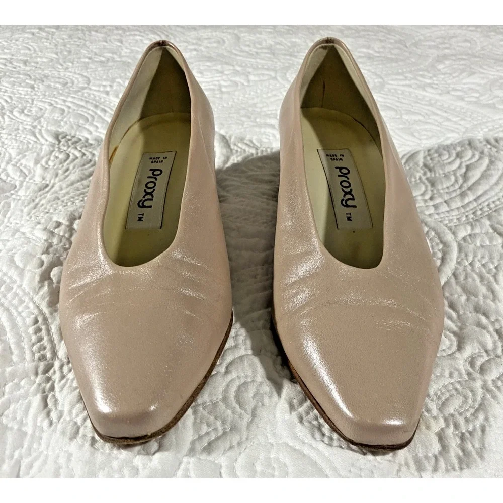 Proxy‎ Women's Round Square Toe 2 inch Block Heel Leather Pumps Womens 7.5 Beige